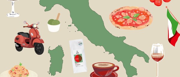 Illustration italienische Karte mit Pizza, Pasta, Vespa