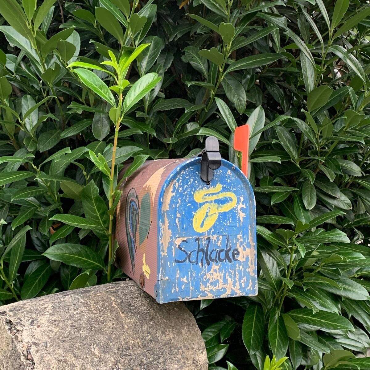 Bunter, verwitterter Briefkasten vor dichtem Busch