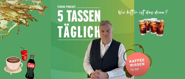 Podcast-Cover „5 Tassen täglich“ mit Mann und Kaffee