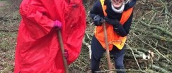 Zwei Personen graben im Wald mit Spaten