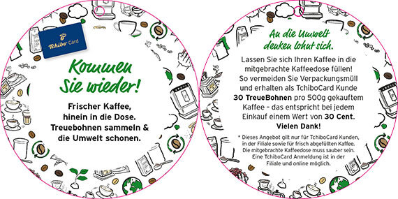 Runde Tchibo-Karte mit Umwelt- und Kaffeeslogan