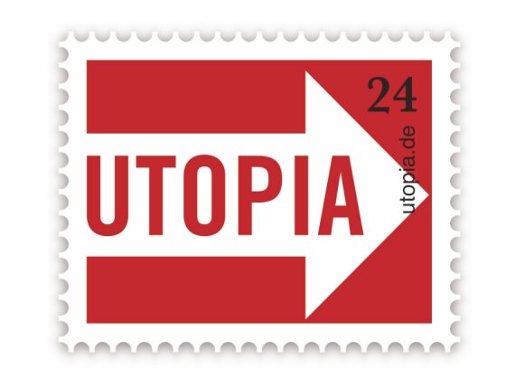 Rote Briefmarke mit weißem Pfeil und Schrift „UTOPIA“