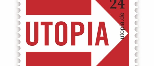 Rote Briefmarke mit weißem Pfeil und Schrift „UTOPIA“