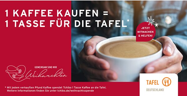 Hände halten Kaffeetasse, Spendenaufruf der Tafel