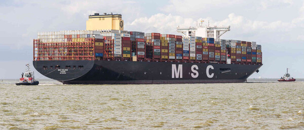 Großes Containerschiff MSC auf dem Meer