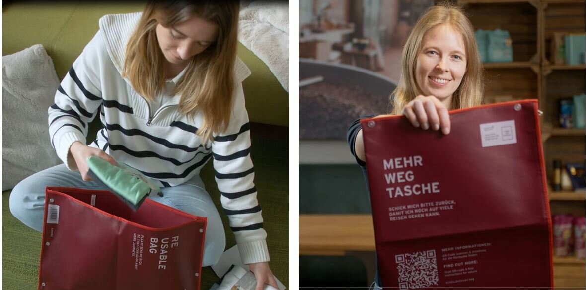 Person zeigt rote Mehrwegtasche und packt sie ein