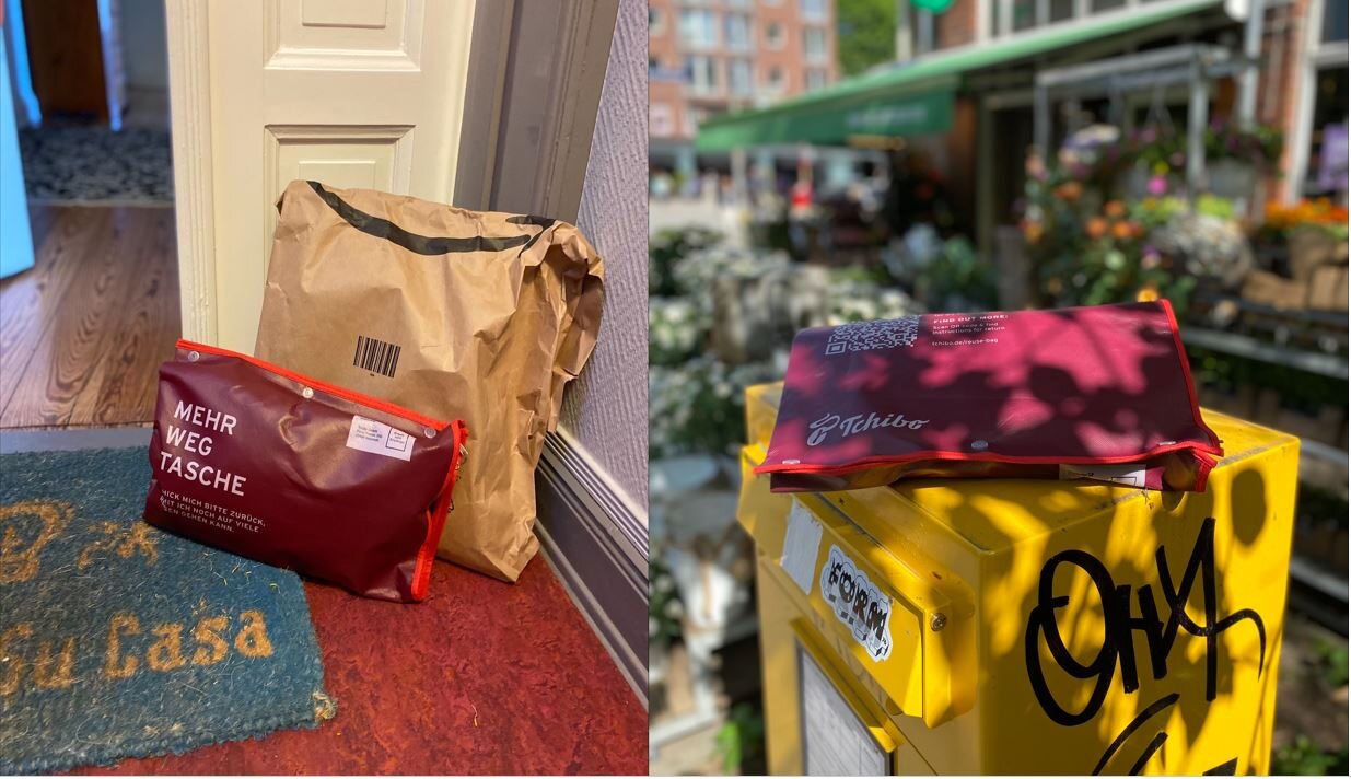 Rote Mehrwegtaschen von Tchibo an Haustür und Postbox