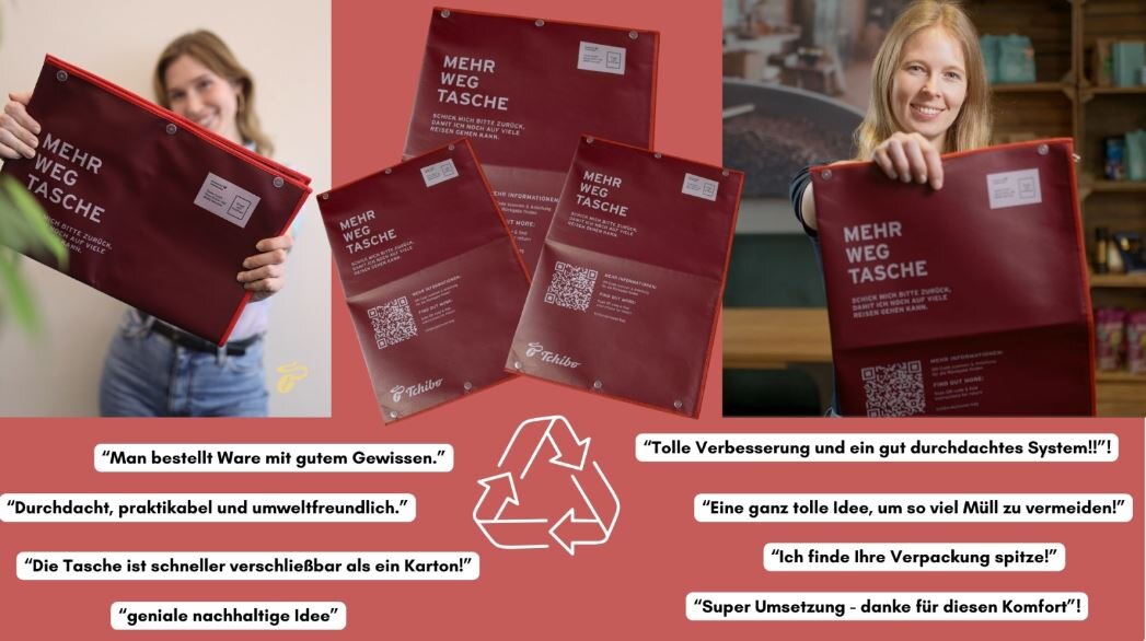 Rote Mehrweg-Taschen mit Recycling-Symbol und Zitaten
