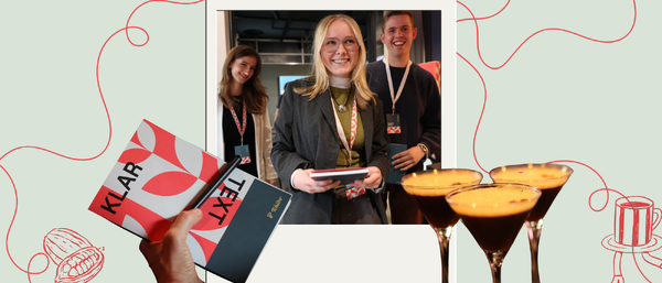 Menschen mit Notizbuch bei Event, Cocktails vorne