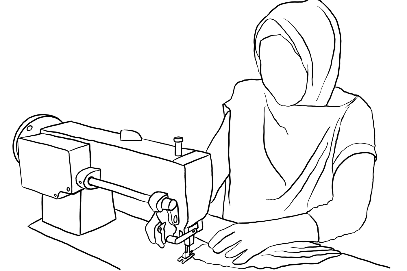Illustration von einer Näherin an einer Nähmaschine