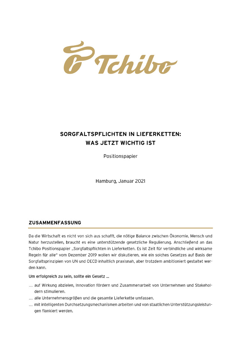 PDF-file Preview for: Tchibo Positionspapier - Sorgfaltspflichten in Lieferketten: Was jetzt wichtig ist 01/2021
