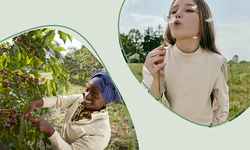 At the top, a girl blowing on a dandelion seed head; below, a woman harvesting coffee cherries from a bush.