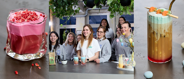 Cafe staff with colorful layered drinks