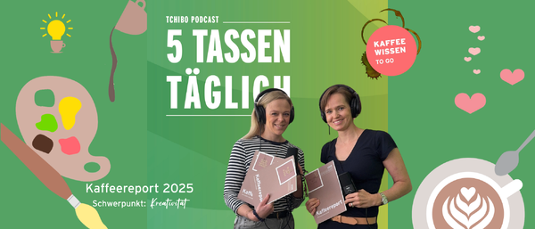 Two women with headsets hold Kaffeereport 2025