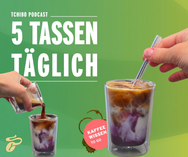 Hands preparing iced coffee with German podcast text