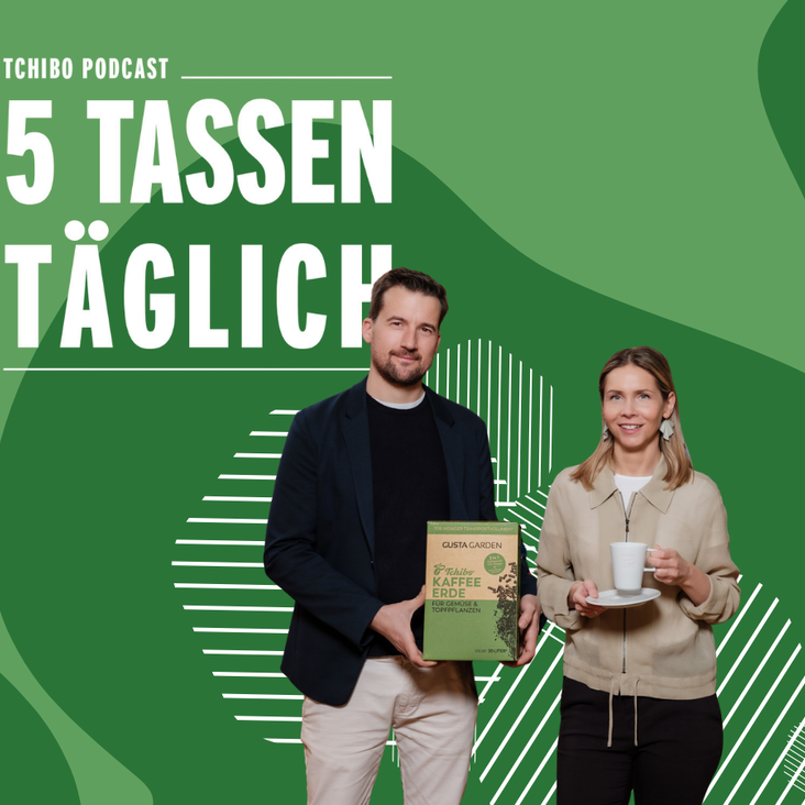 Two hosts with coffee on green podcast banner
