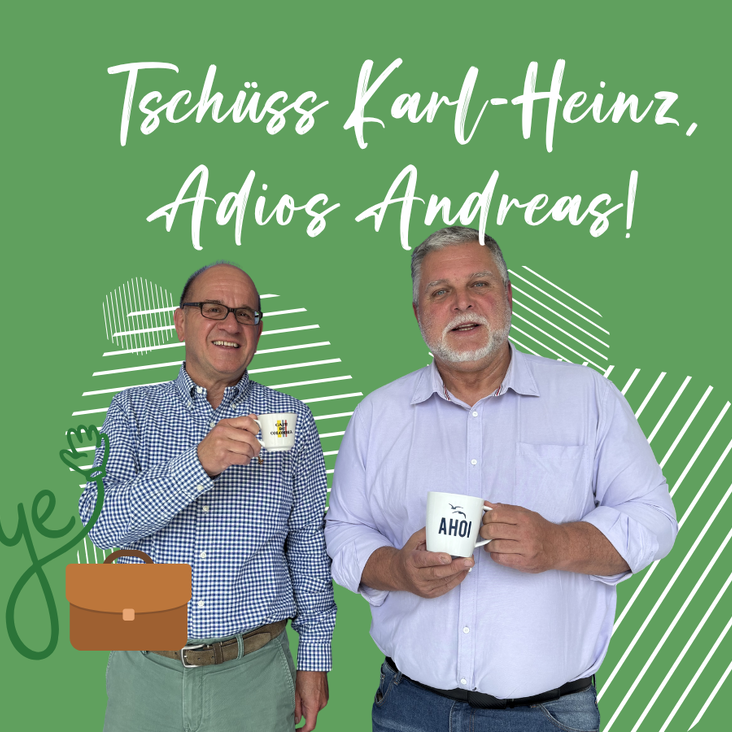 Two men with mugs, farewell text in German
