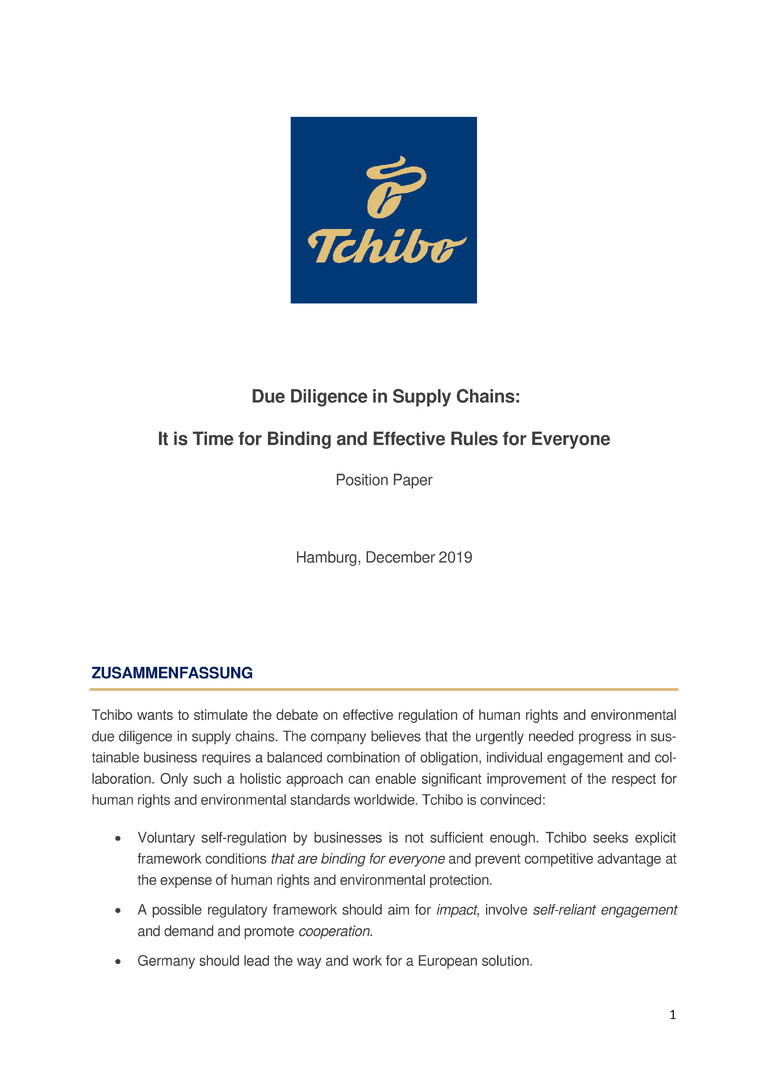 PDF-file Preview for: Tchibo position paper - Regulation of due diligence obligations in supply chains 12/2019