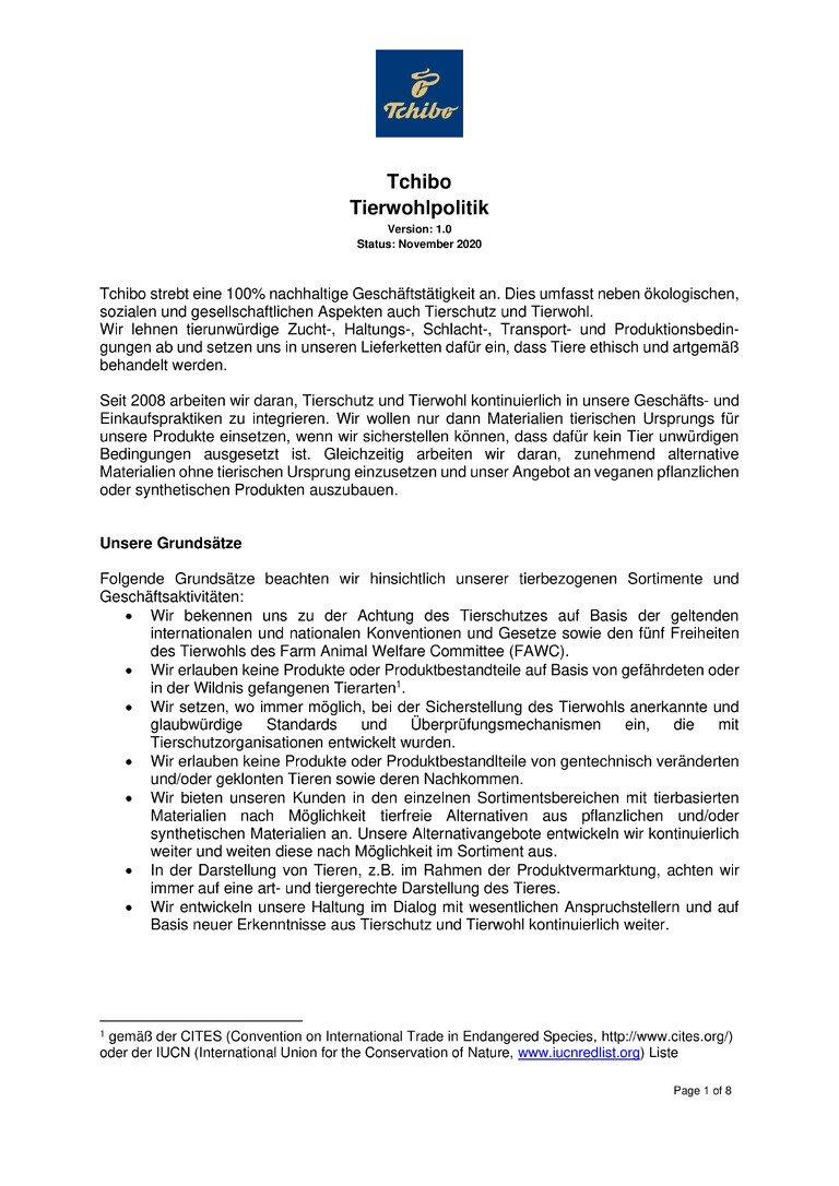 PDF-file Preview for: Tchibo Animal Policy (German)