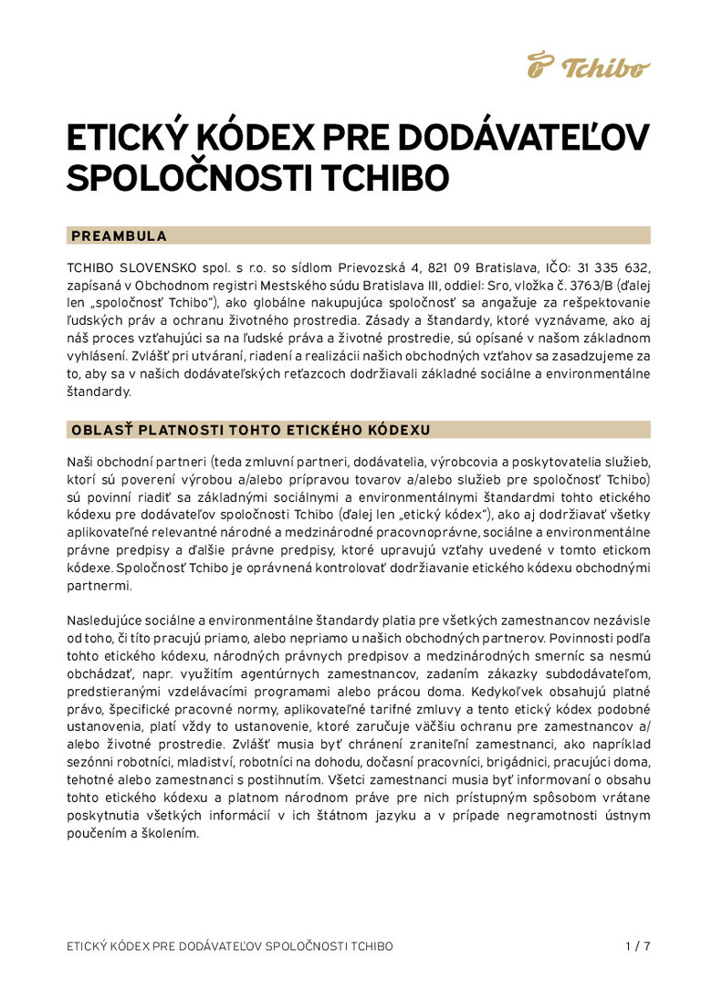 PDF-file Preview for: Tchibo Supplier Code of Conduct (Slovak)