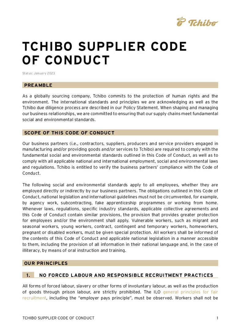 PDF-file Preview for: Tchibo Supplier Code of Conduct (English)