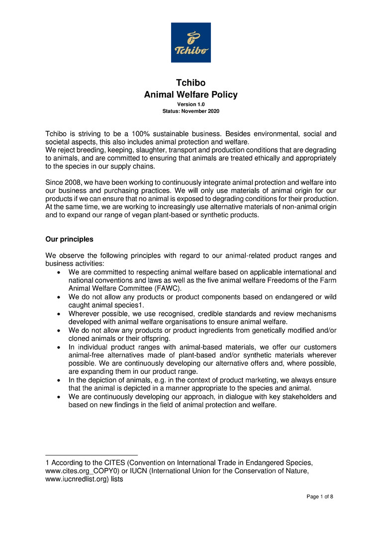 PDF-file Preview for: Tchibo Animal Policy (English)
